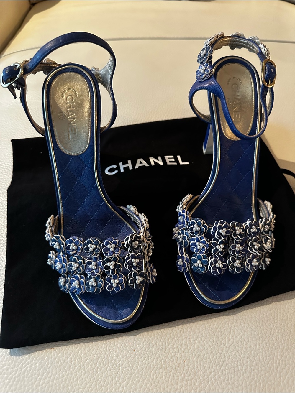 Chanel Vivid Blue Camellia Pearls CC Ankle Strap Sandals Eu 36